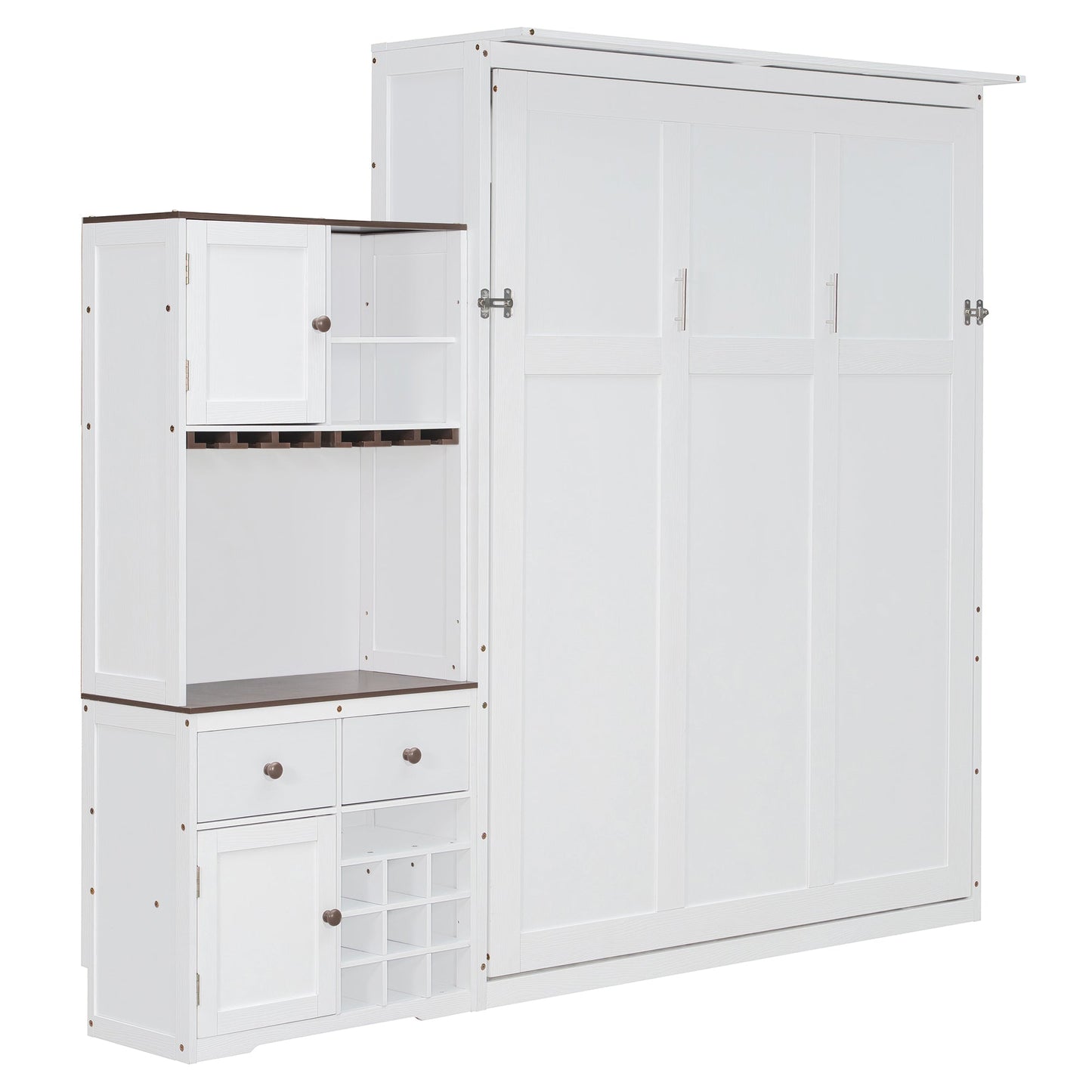 Queen Size Murphy Bed with Storage Cabinet, Wine Rack, Glass Holder, Drawers and Multi-Color LED Strip, White - 1st Choice Furniture Direct