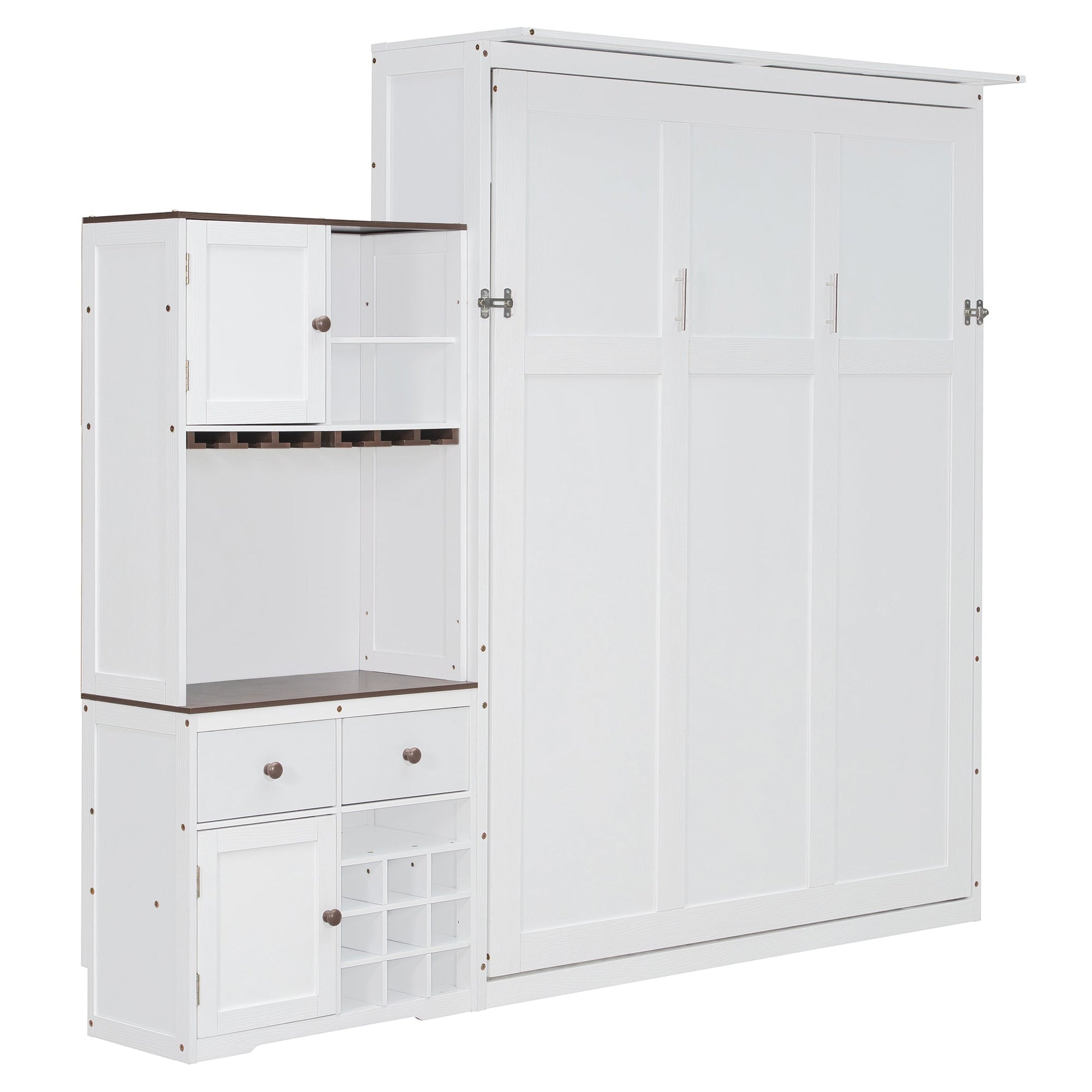 Queen Size Murphy Bed with Storage Cabinet, Wine Rack, Glass Holder, Drawers and Multi-Color LED Strip, White - 1st Choice Furniture Direct