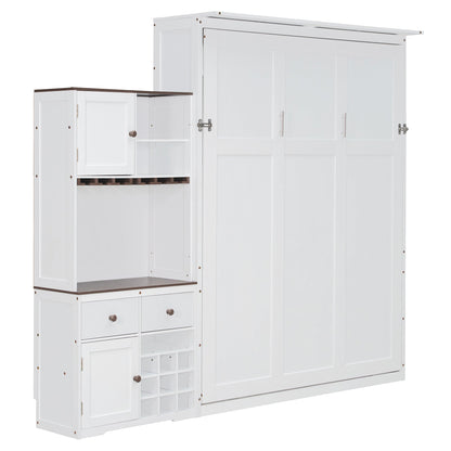 Queen Size Murphy Bed with Storage Cabinet, Wine Rack, Glass Holder, Drawers and Multi-Color LED Strip, White - 1st Choice Furniture Direct