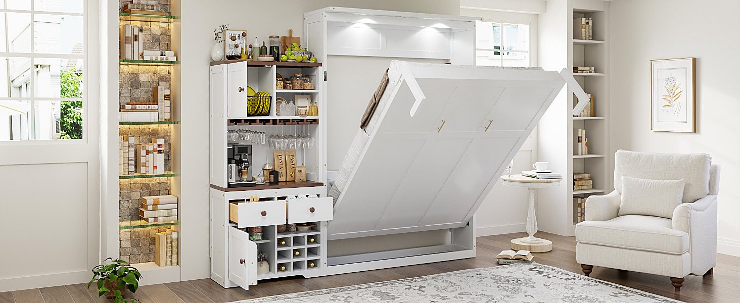 Queen Size Murphy Bed with Storage Cabinet, Wine Rack, Glass Holder, Drawers and Multi-Color LED Strip, White - 1st Choice Furniture Direct
