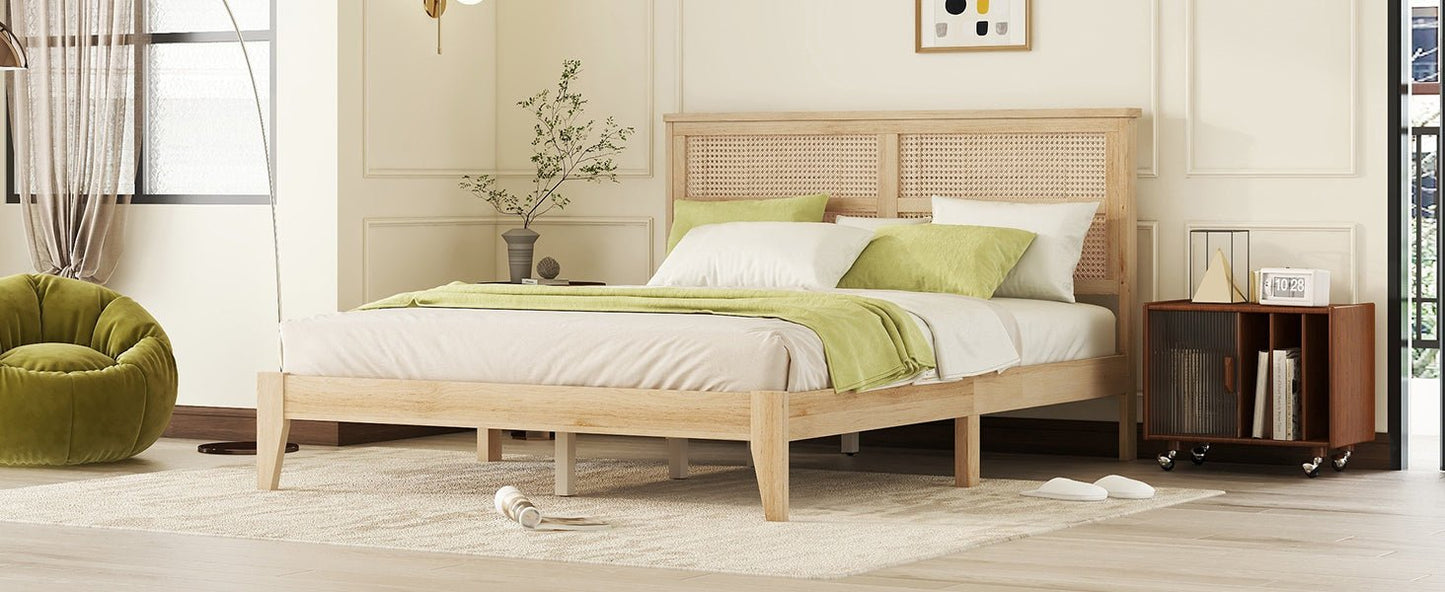 Queen Size Rubber Wooden, Solid Wooden Bed with Rattan Headboard, Enhanced by Support Feet,Oak White - 1st Choice Furniture Direct