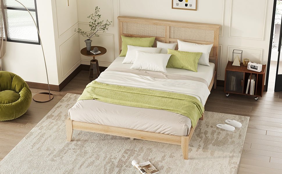 Queen Size Rubber Wooden, Solid Wooden Bed with Rattan Headboard, Enhanced by Support Feet,Oak White - 1st Choice Furniture Direct
