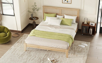 Queen Size Rubber Wooden, Solid Wooden Bed with Rattan Headboard, Enhanced by Support Feet,Oak White - 1st Choice Furniture Direct