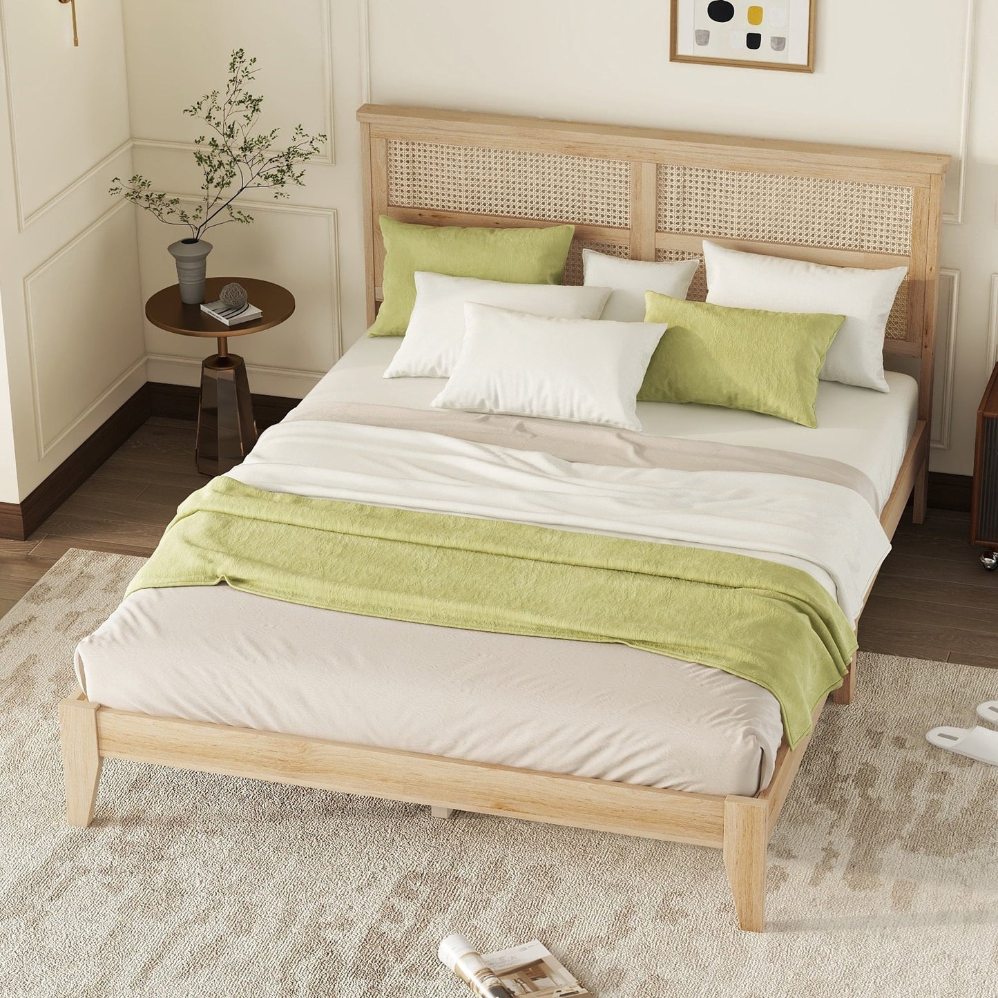 Queen Size Rubber Wooden, Solid Wooden Bed with Rattan Headboard, Enhanced by Support Feet,Oak White - 1st Choice Furniture Direct