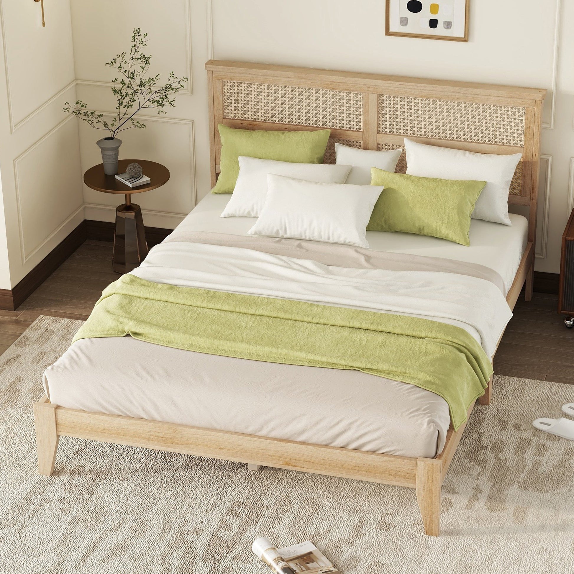 Queen Size Rubber Wooden, Solid Wooden Bed with Rattan Headboard, Enhanced by Support Feet,Oak White - 1st Choice Furniture Direct