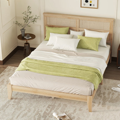 Queen Size Rubber Wooden, Solid Wooden Bed with Rattan Headboard, Enhanced by Support Feet,Oak White - 1st Choice Furniture Direct
