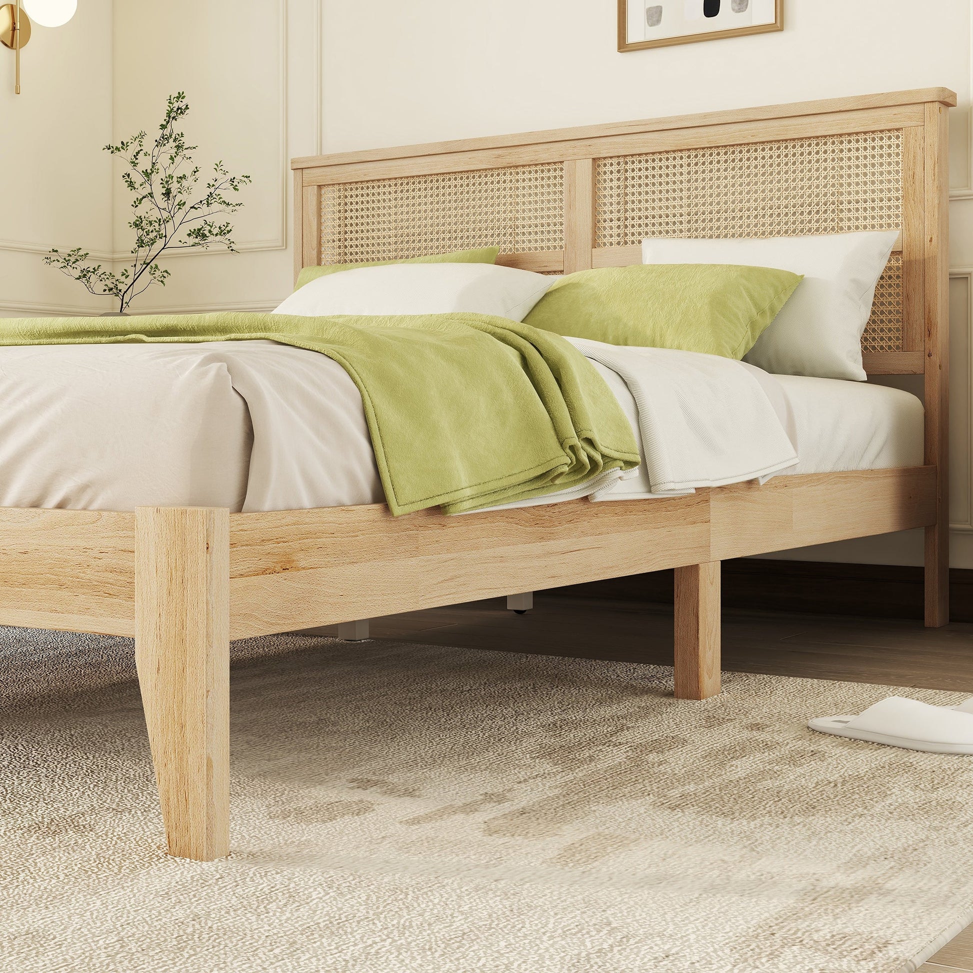 Queen Size Rubber Wooden, Solid Wooden Bed with Rattan Headboard, Enhanced by Support Feet,Oak White - 1st Choice Furniture Direct