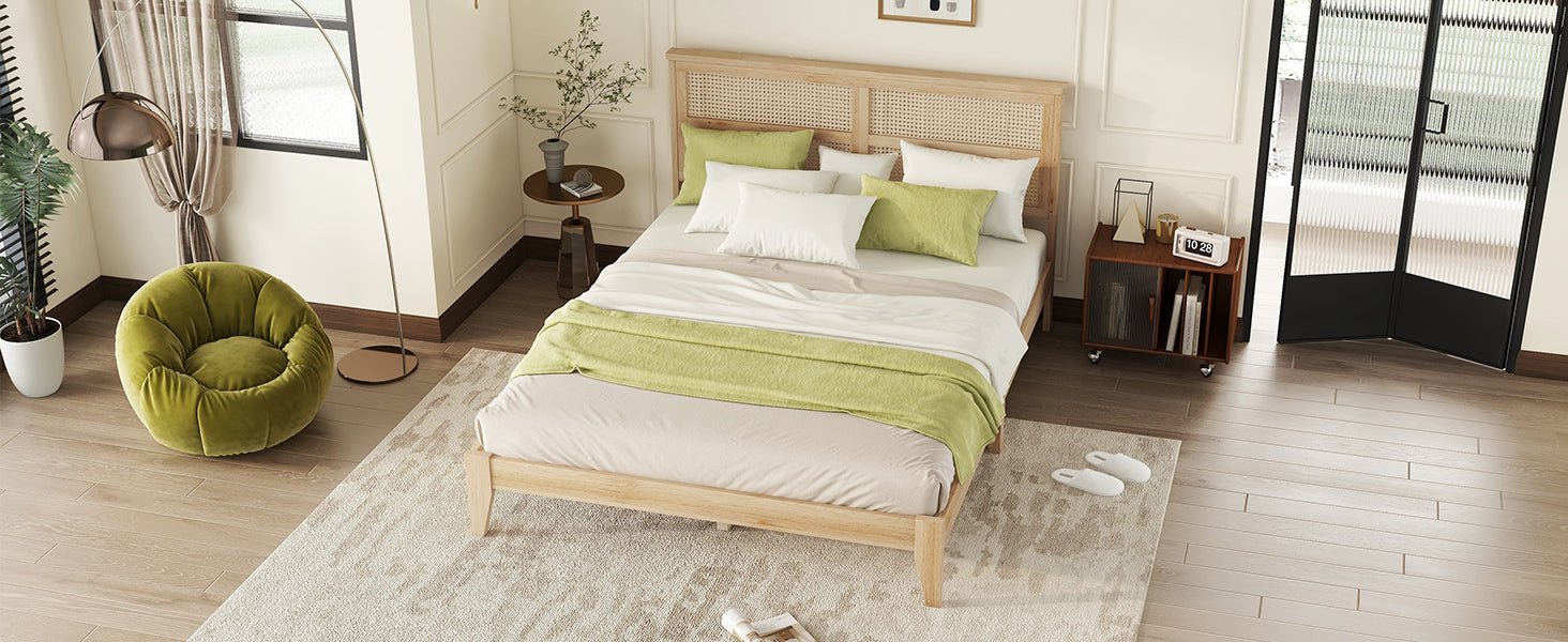 Queen Size Rubber Wooden, Solid Wooden Bed with Rattan Headboard, Enhanced by Support Feet,Oak White - 1st Choice Furniture Direct