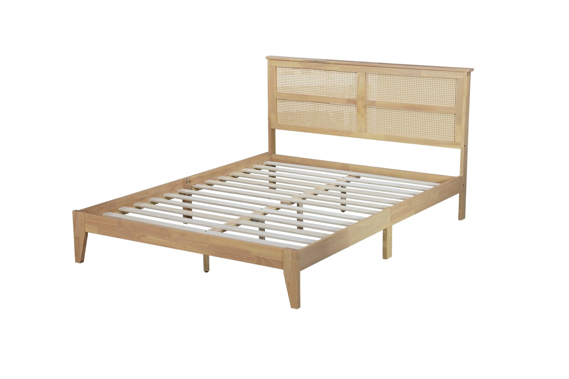 Queen Size Rubber Wooden, Solid Wooden Bed with Rattan Headboard, Enhanced by Support Feet,Oak White - 1st Choice Furniture Direct