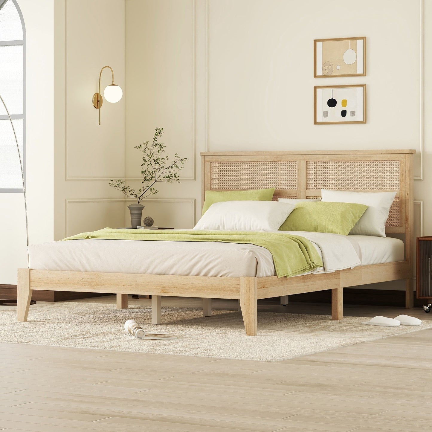 Queen Size Rubber Wooden, Solid Wooden Bed with Rattan Headboard, Enhanced by Support Feet,Oak White - 1st Choice Furniture Direct