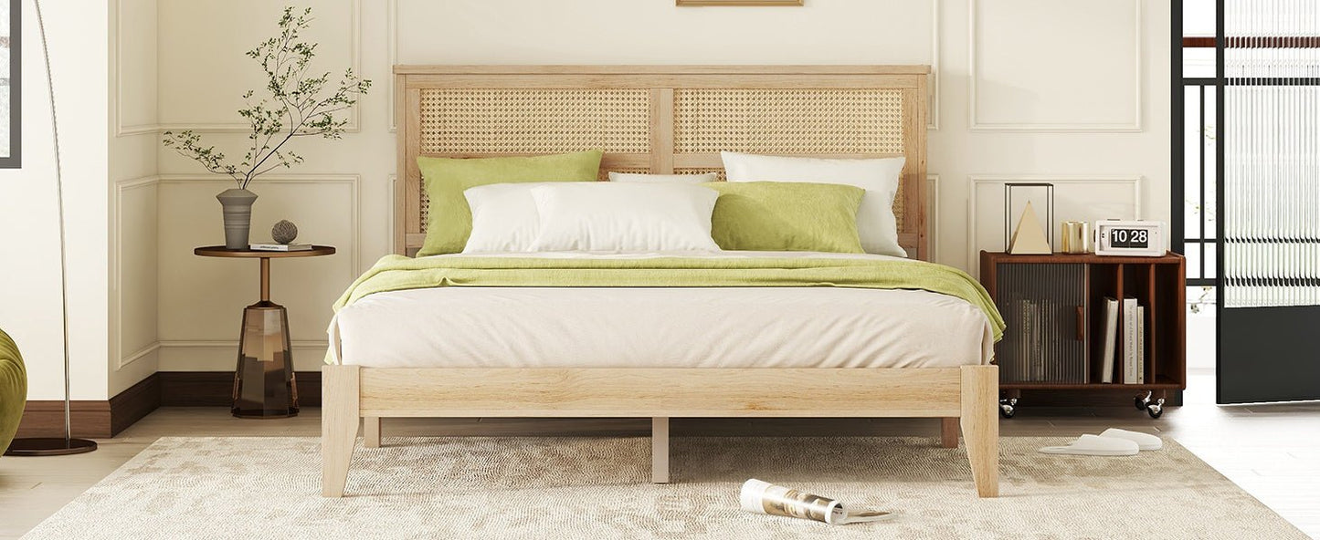 Queen Size Rubber Wooden, Solid Wooden Bed with Rattan Headboard, Enhanced by Support Feet,Oak White - 1st Choice Furniture Direct