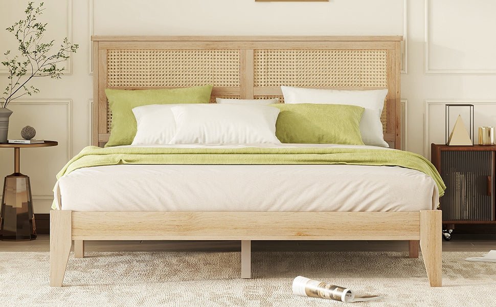Queen Size Rubber Wooden, Solid Wooden Bed with Rattan Headboard, Enhanced by Support Feet,Oak White - 1st Choice Furniture Direct