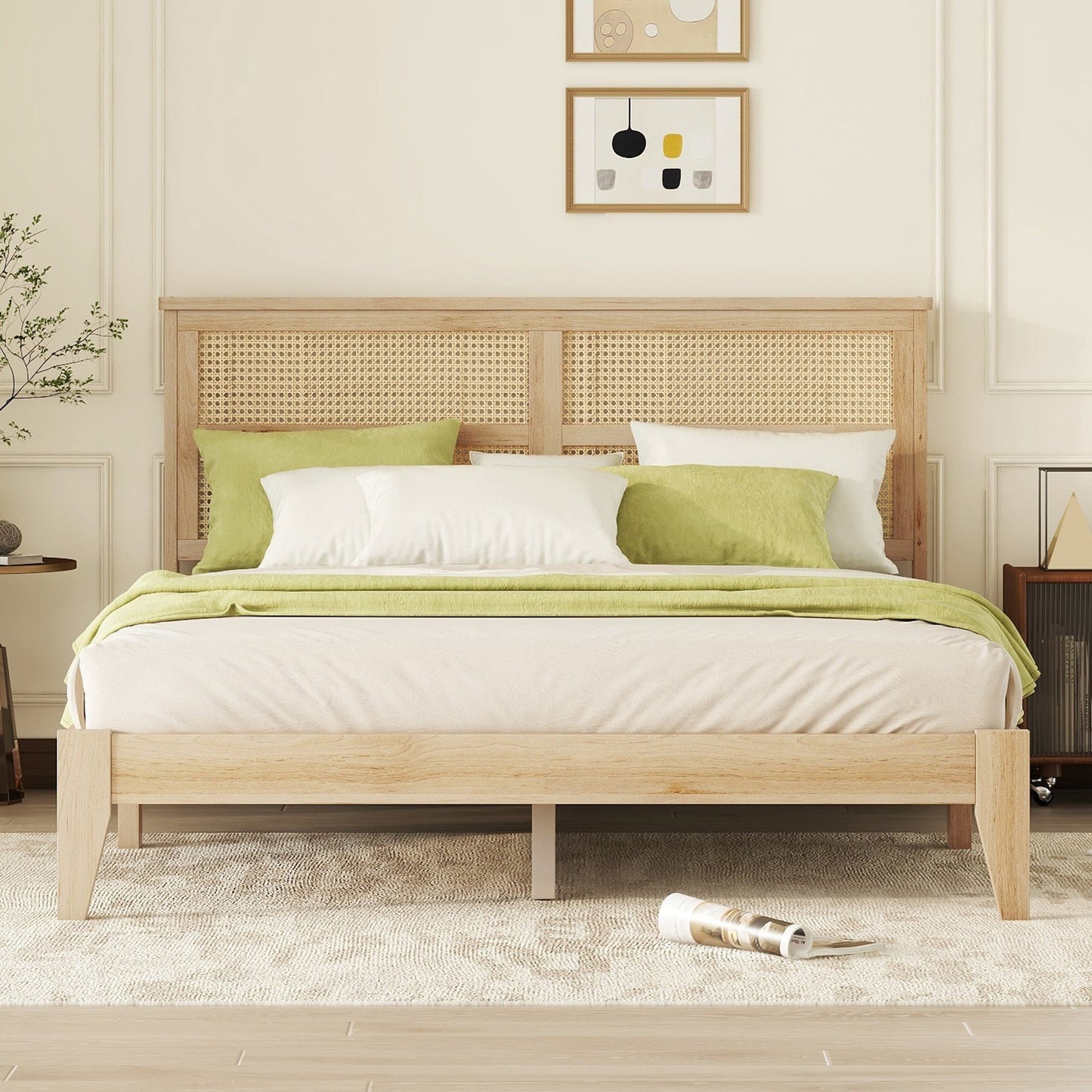 Queen Size Rubber Wooden, Solid Wooden Bed with Rattan Headboard, Enhanced by Support Feet,Oak White - 1st Choice Furniture Direct