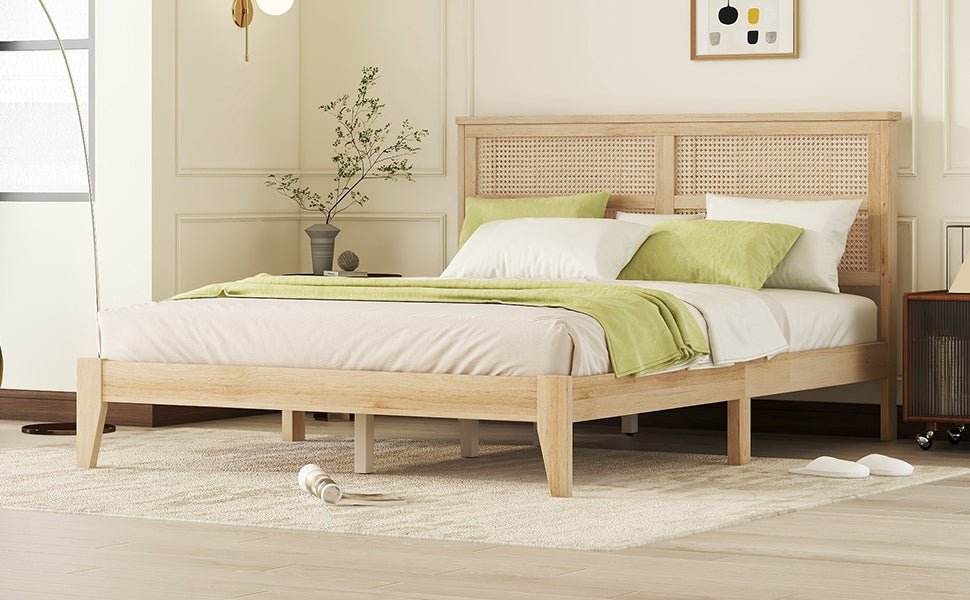 Queen Size Rubber Wooden, Solid Wooden Bed with Rattan Headboard, Enhanced by Support Feet,Oak White - 1st Choice Furniture Direct