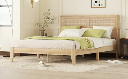 Queen Size Rubber Wooden, Solid Wooden Bed with Rattan Headboard, Enhanced by Support Feet,Oak White - 1st Choice Furniture Direct