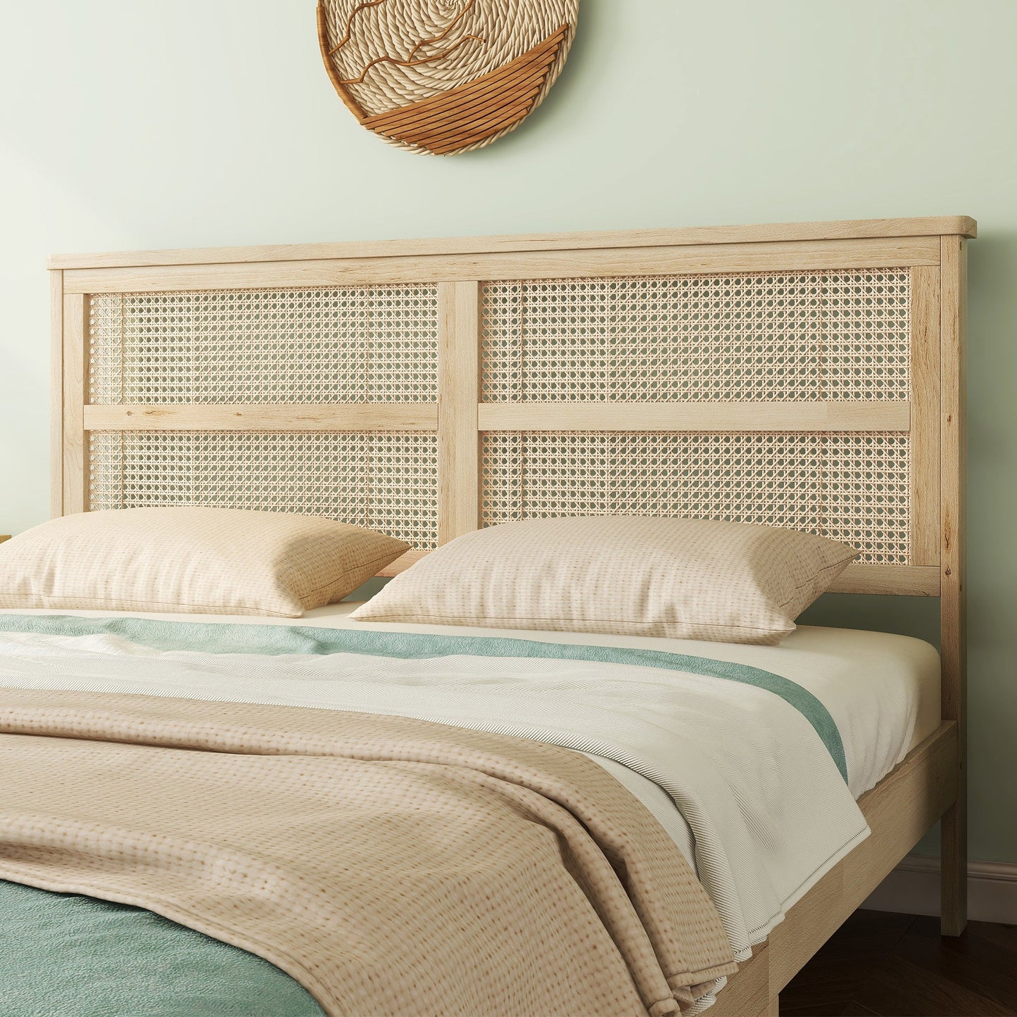 Queen Size Rubber Wooden, Solid Wooden Bed with Rattan Headboard, Enhanced by Support Feet,Oak White - 1st Choice Furniture Direct