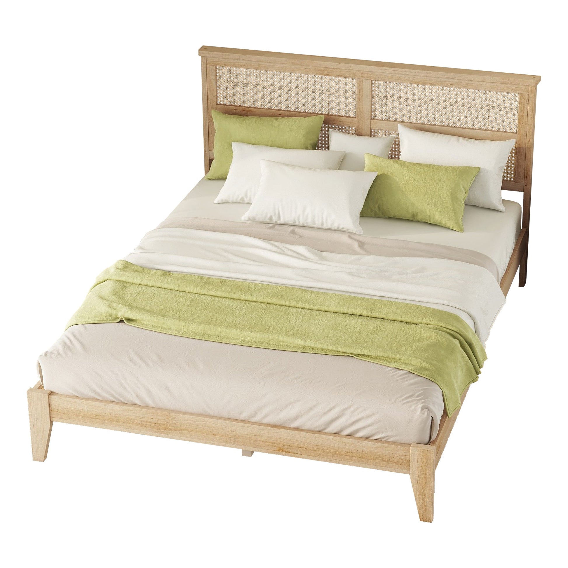 Queen Size Rubber Wooden, Solid Wooden Bed with Rattan Headboard, Enhanced by Support Feet,Oak White - 1st Choice Furniture Direct