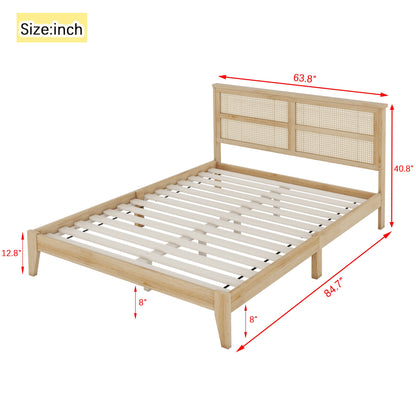 Queen Size Rubber Wooden, Solid Wooden Bed with Rattan Headboard, Enhanced by Support Feet,Oak White - 1st Choice Furniture Direct