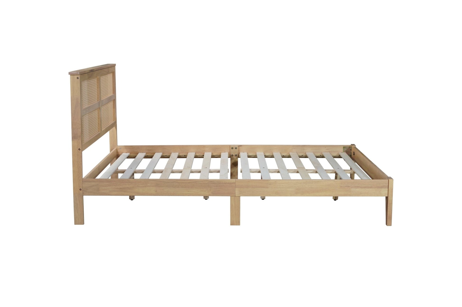 Queen Size Rubber Wooden, Solid Wooden Bed with Rattan Headboard, Enhanced by Support Feet,Oak White - 1st Choice Furniture Direct