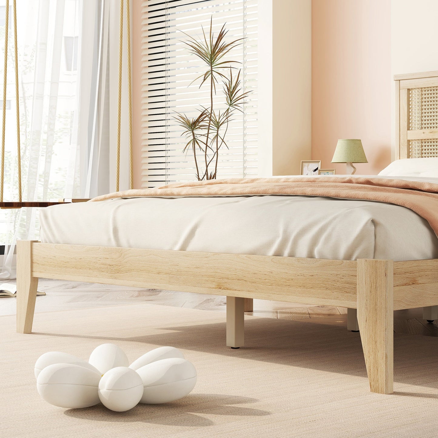 Queen Size Rubber Wooden, Solid Wooden Bed with Rattan Headboard, Enhanced by Support Feet,Oak White - 1st Choice Furniture Direct