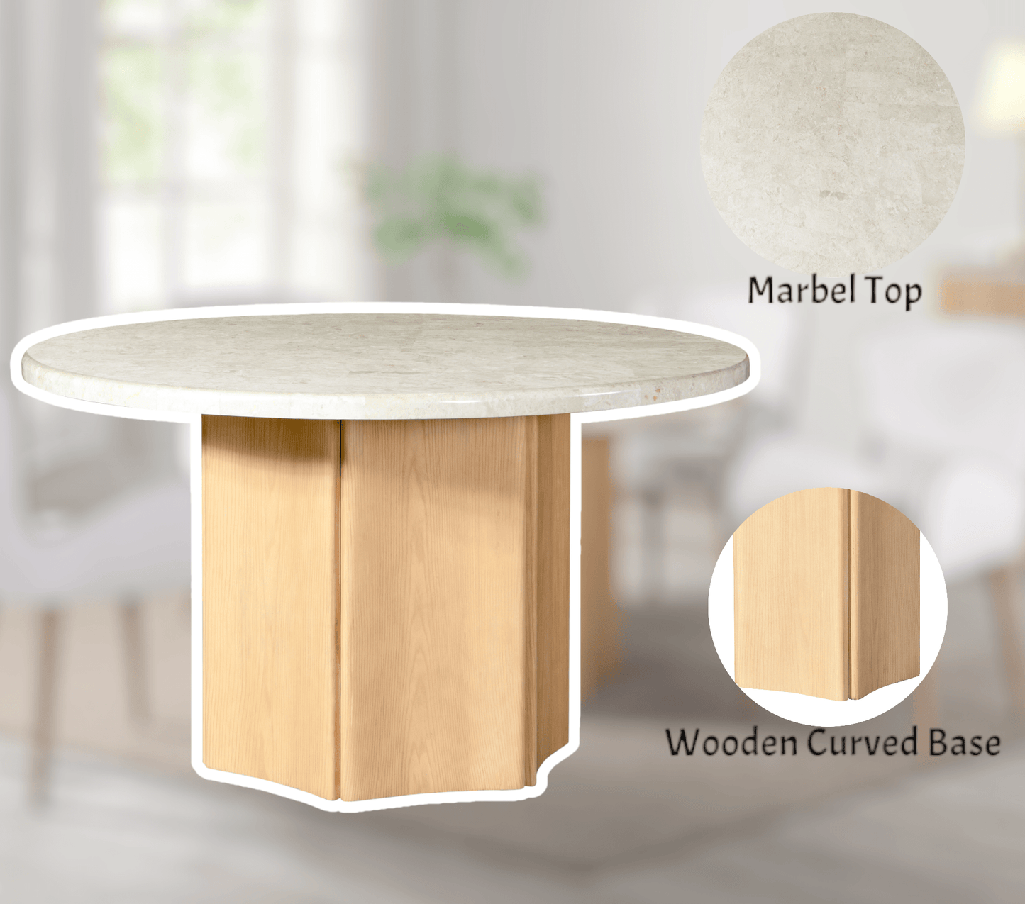 Qwin Natural Marble Top & Oak Finish Round Dining Table - 1st Choice Furniture Direct