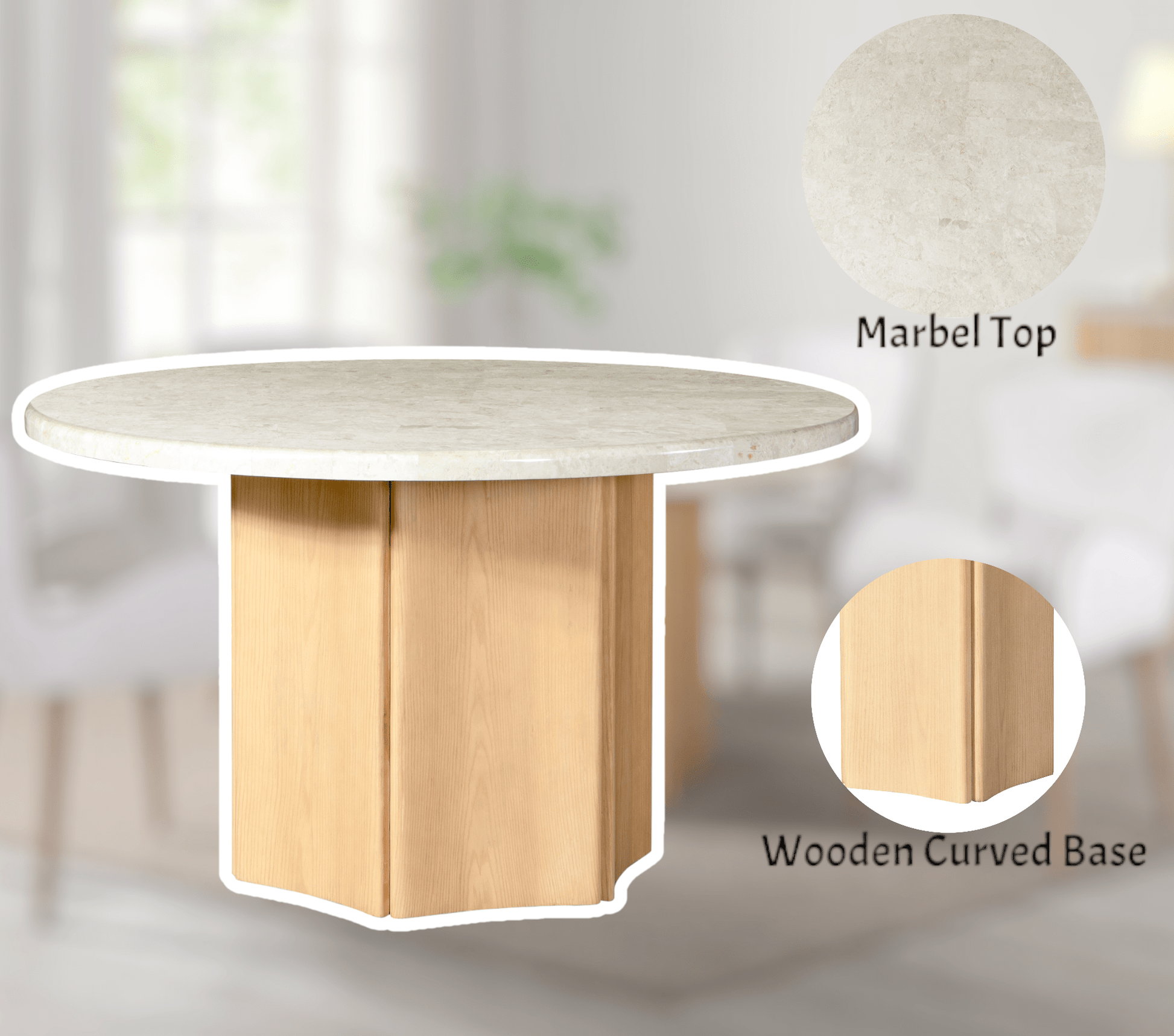 Qwin Natural Marble Top & Oak Finish Round Dining Table - 1st Choice Furniture Direct