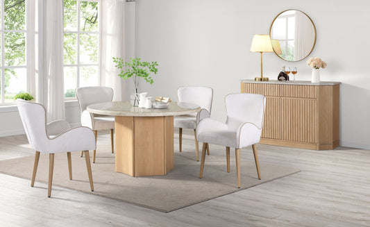 Qwin Natural Marble Top & Oak Finish Round Dining Table - 1st Choice Furniture Direct