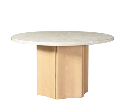 Qwin Natural Marble Top & Oak Finish Round Dining Table - 1st Choice Furniture Direct