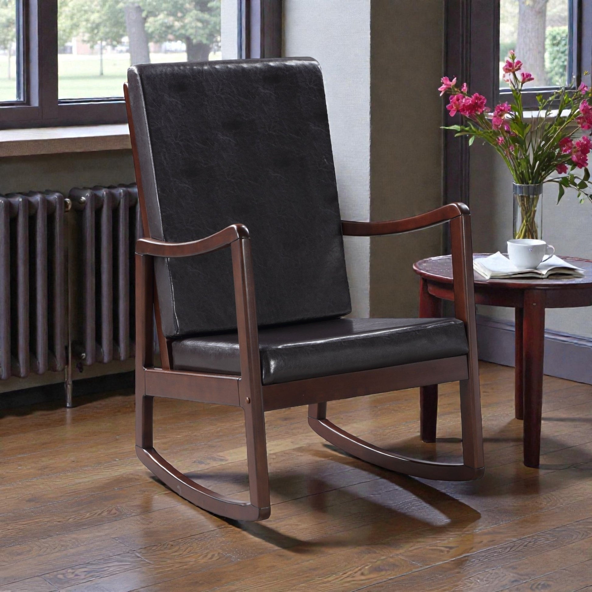 Raina Dark Brown Synthetic Leather & Espresso Finish Rocking Chair with Foam Cushioning, 220lb Capacity - 1st Choice Furniture Direct