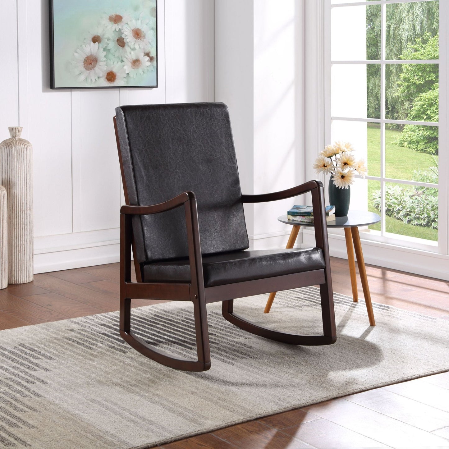 Raina Dark Brown Synthetic Leather & Espresso Finish Rocking Chair with Foam Cushioning, 220lb Capacity - 1st Choice Furniture Direct