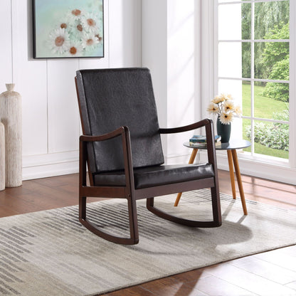 Raina Dark Brown Synthetic Leather & Espresso Finish Rocking Chair with Foam Cushioning, 220lb Capacity - 1st Choice Furniture Direct