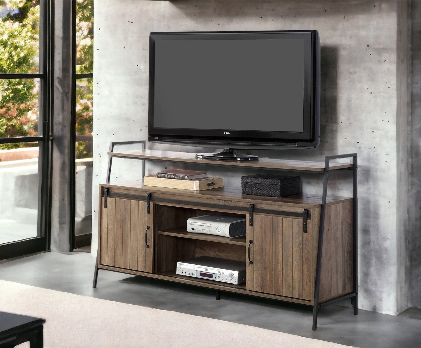 Rashawn Rustic Oak & Black Finish TV Stand - 1st Choice Furniture Direct