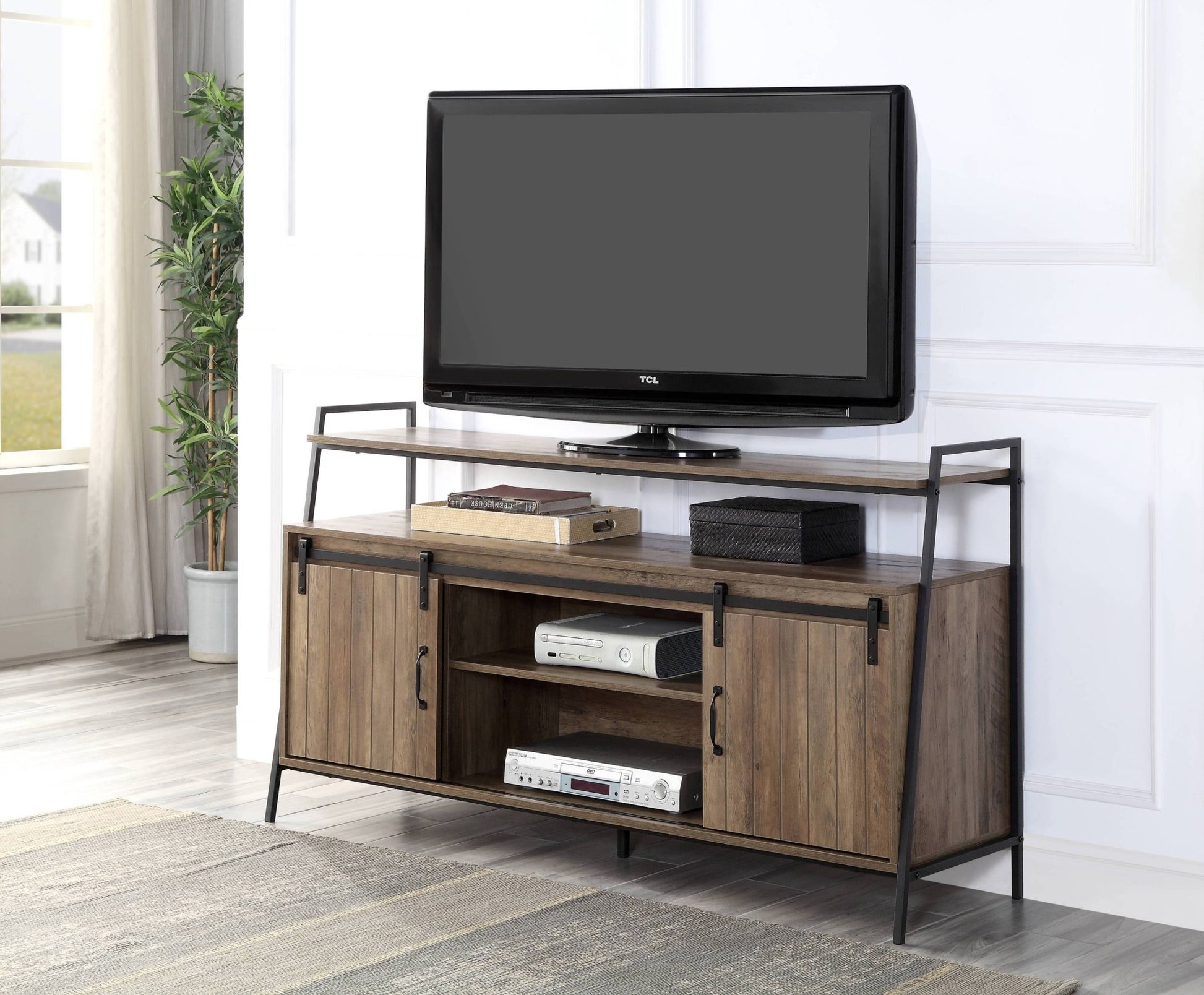 Rashawn Rustic Oak & Black Finish TV Stand - 1st Choice Furniture Direct