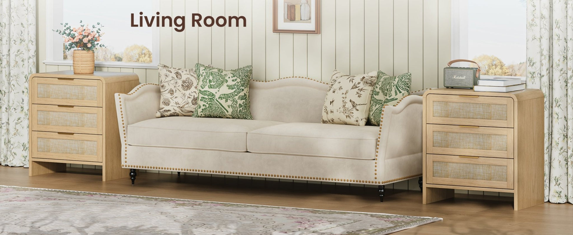 Rattan 3 Drawers Nightstand set of 2, 22.8' Wide Curved Wooden Bedside Table, Modern Storage for Bedroom, Natural Oak. - 1st Choice Furniture Direct