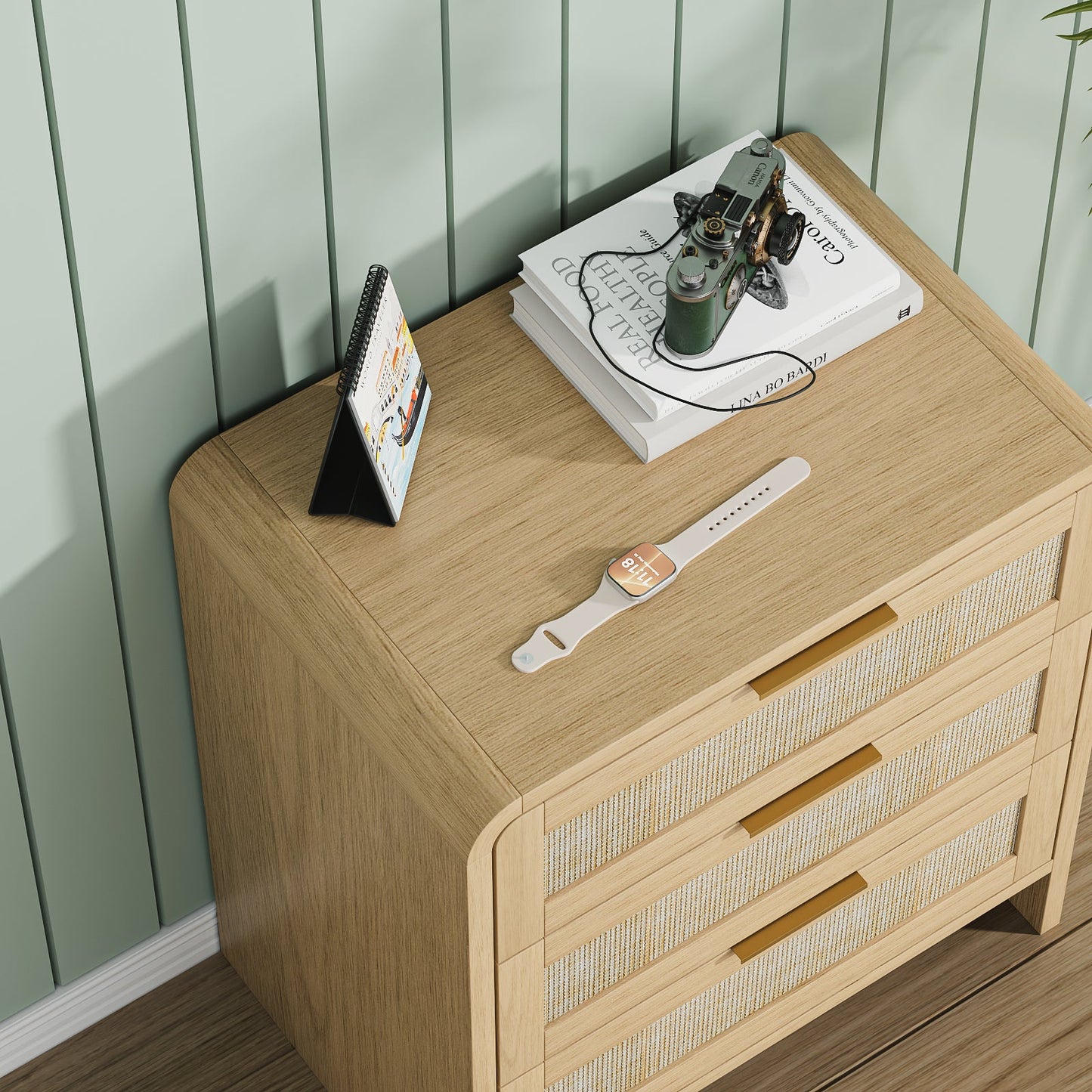 Rattan 3 Drawers Nightstand set of 2, 22.8' Wide Curved Wooden Bedside Table, Modern Storage for Bedroom, Natural Oak. - 1st Choice Furniture Direct