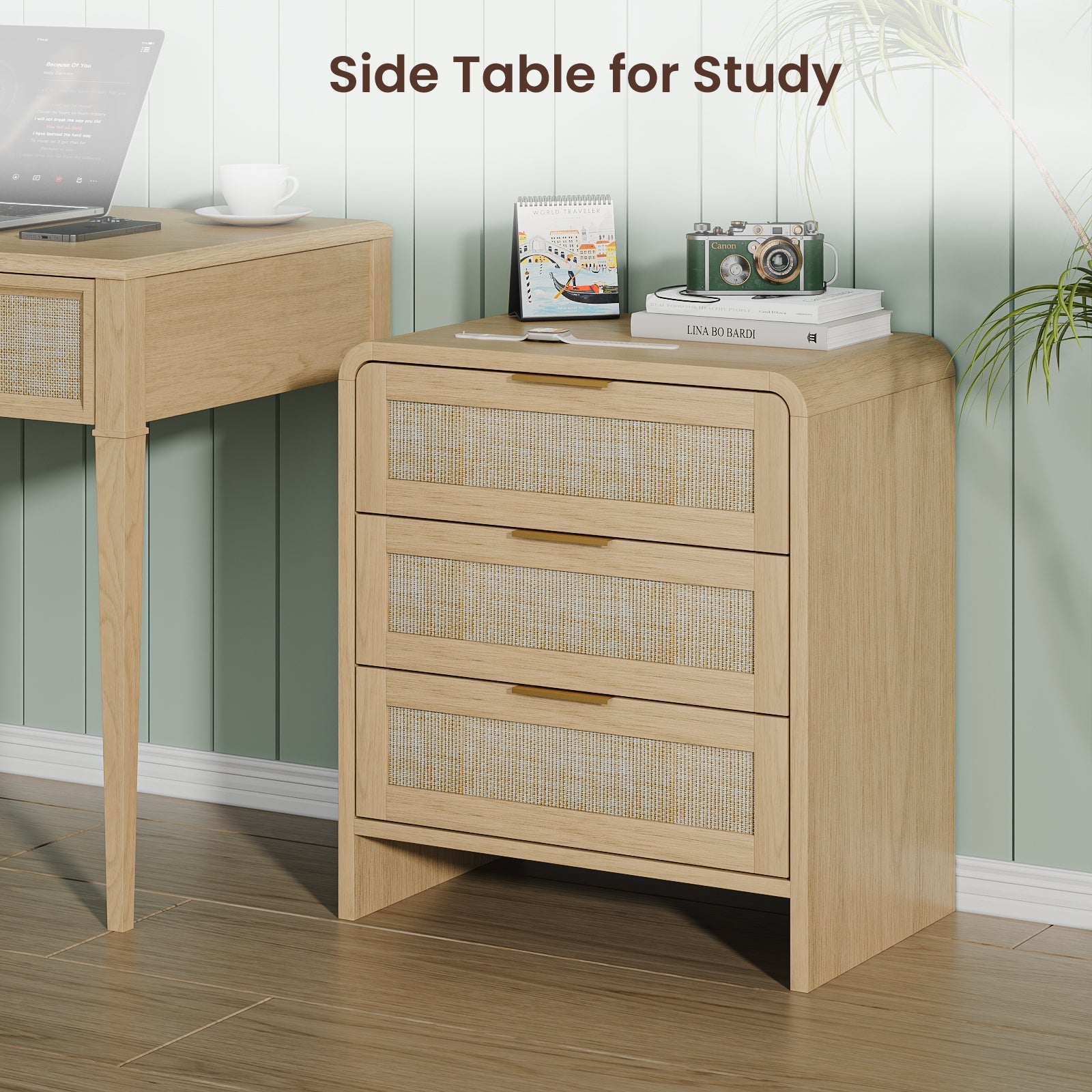 Rattan 3 Drawers Nightstand set of 2, 22.8' Wide Curved Wooden Bedside Table, Modern Storage for Bedroom, Natural Oak. - 1st Choice Furniture Direct