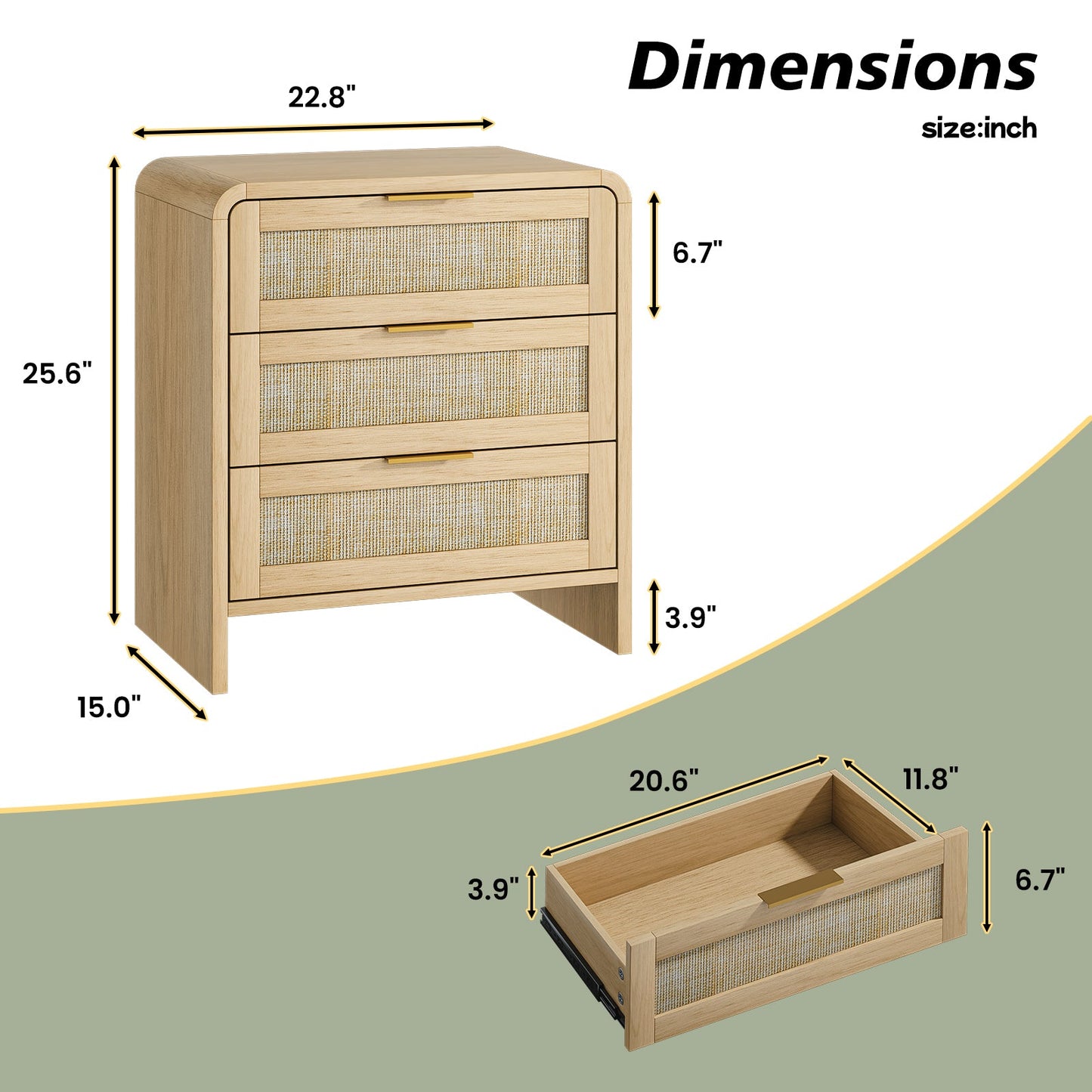 Rattan 3 Drawers Nightstand set of 2, 22.8' Wide Curved Wooden Bedside Table, Modern Storage for Bedroom, Natural Oak. - 1st Choice Furniture Direct
