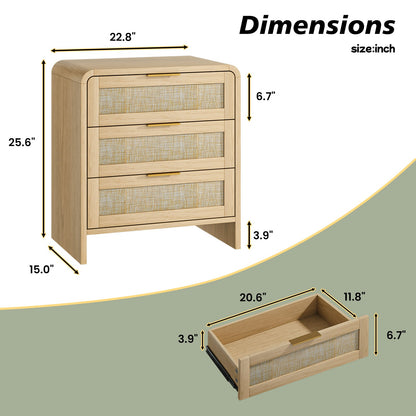Rattan 3 Drawers Nightstand set of 2, 22.8' Wide Curved Wooden Bedside Table, Modern Storage for Bedroom, Natural Oak. - 1st Choice Furniture Direct