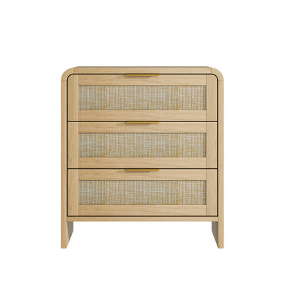 Rattan 3 Drawers Nightstand set of 2, 22.8' Wide Curved Wooden Bedside Table, Modern Storage for Bedroom, Natural Oak. - 1st Choice Furniture Direct