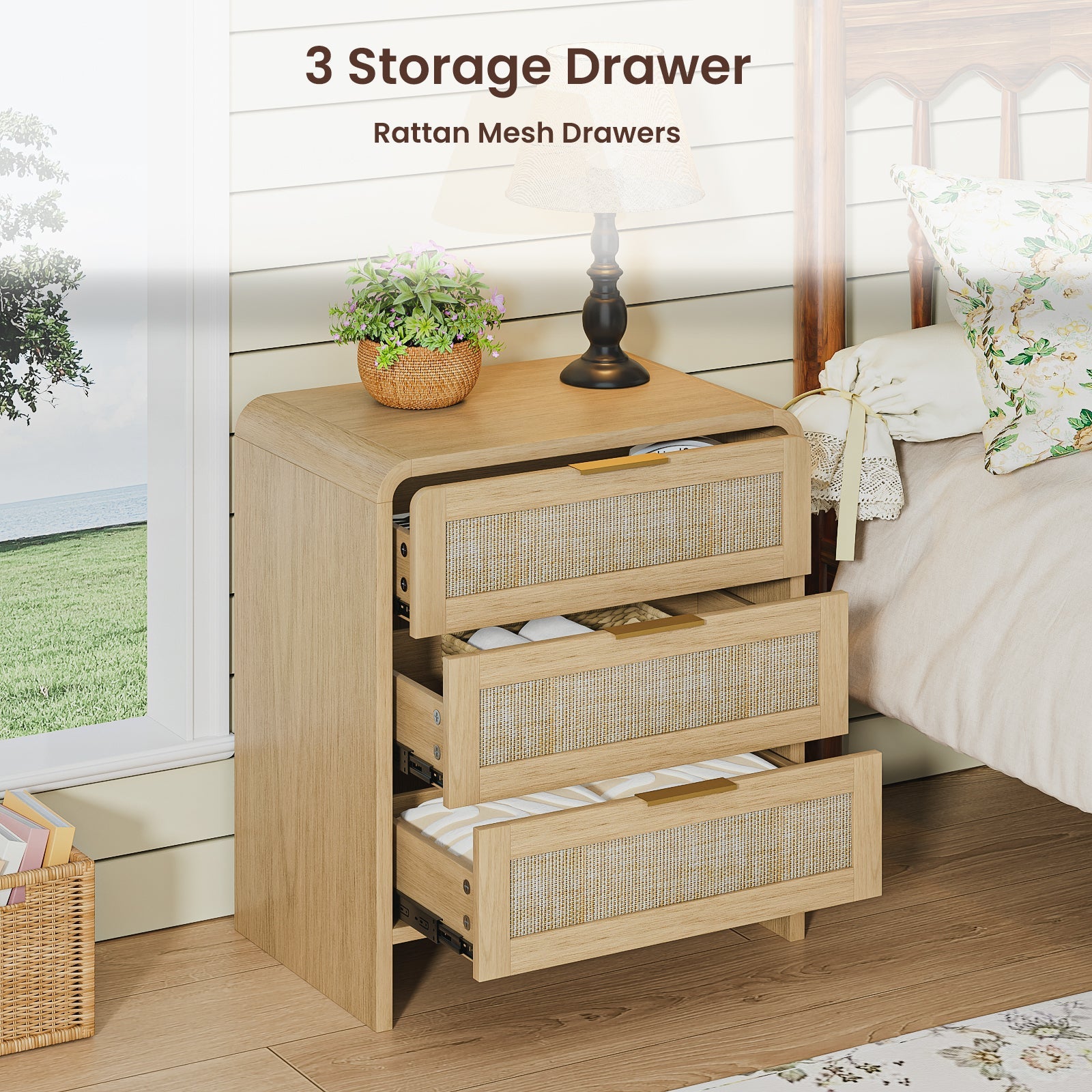 Rattan 3 Drawers Nightstand set of 2, 22.8' Wide Curved Wooden Bedside Table, Modern Storage for Bedroom, Natural Oak. - 1st Choice Furniture Direct