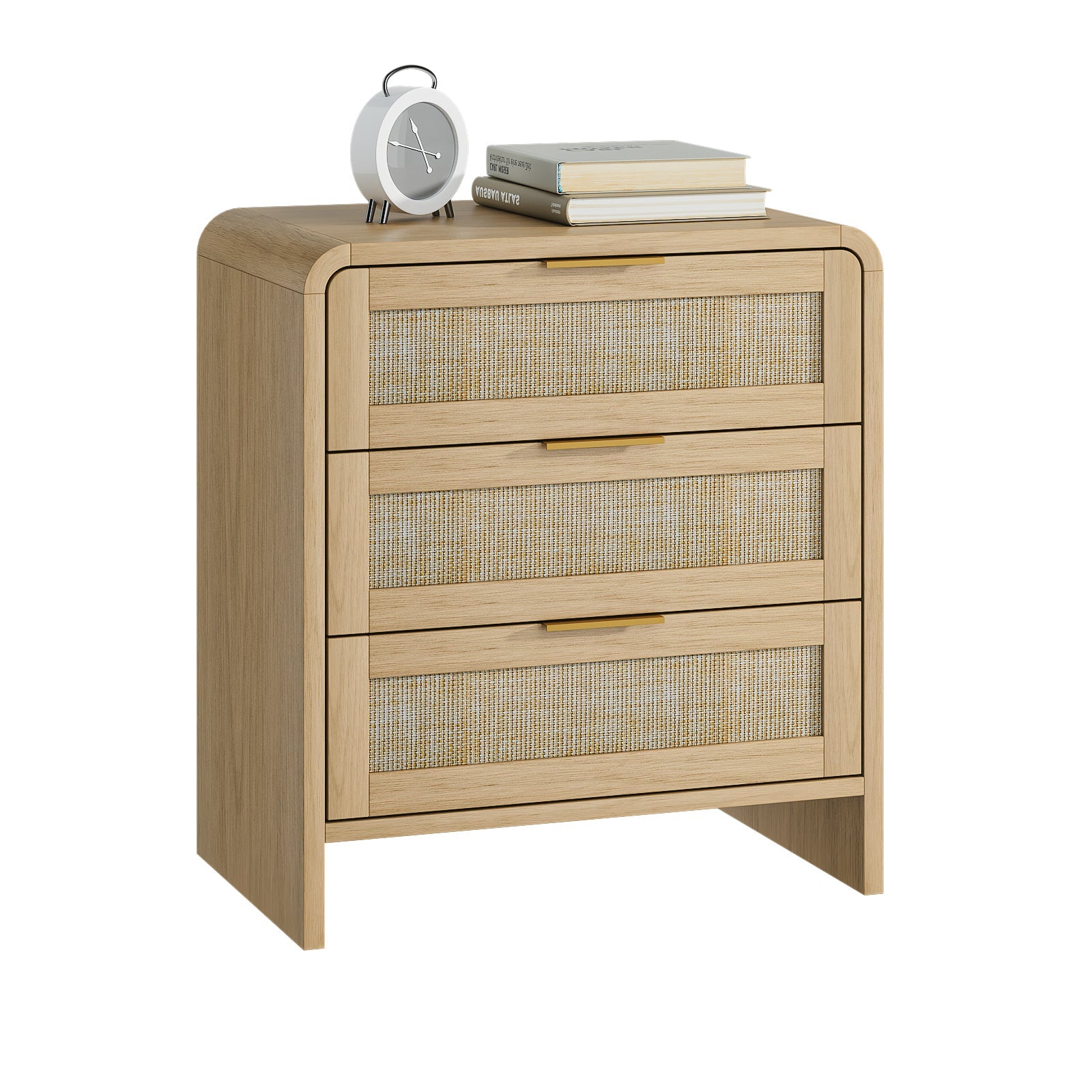 Rattan 3 Drawers Nightstand set of 2, 22.8' Wide Curved Wooden Bedside Table, Modern Storage for Bedroom, Natural Oak. - 1st Choice Furniture Direct