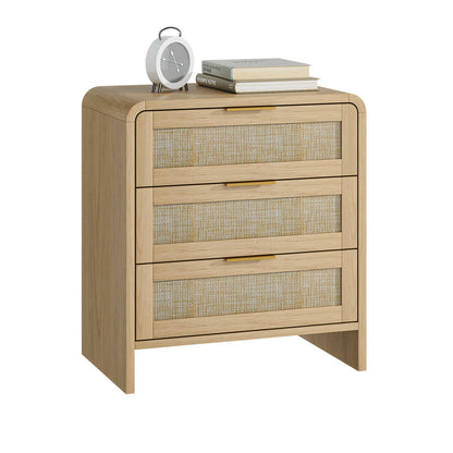 Rattan 3 Drawers Nightstand set of 2, 22.8' Wide Curved Wooden Bedside Table, Modern Storage for Bedroom, Natural Oak. - 1st Choice Furniture Direct