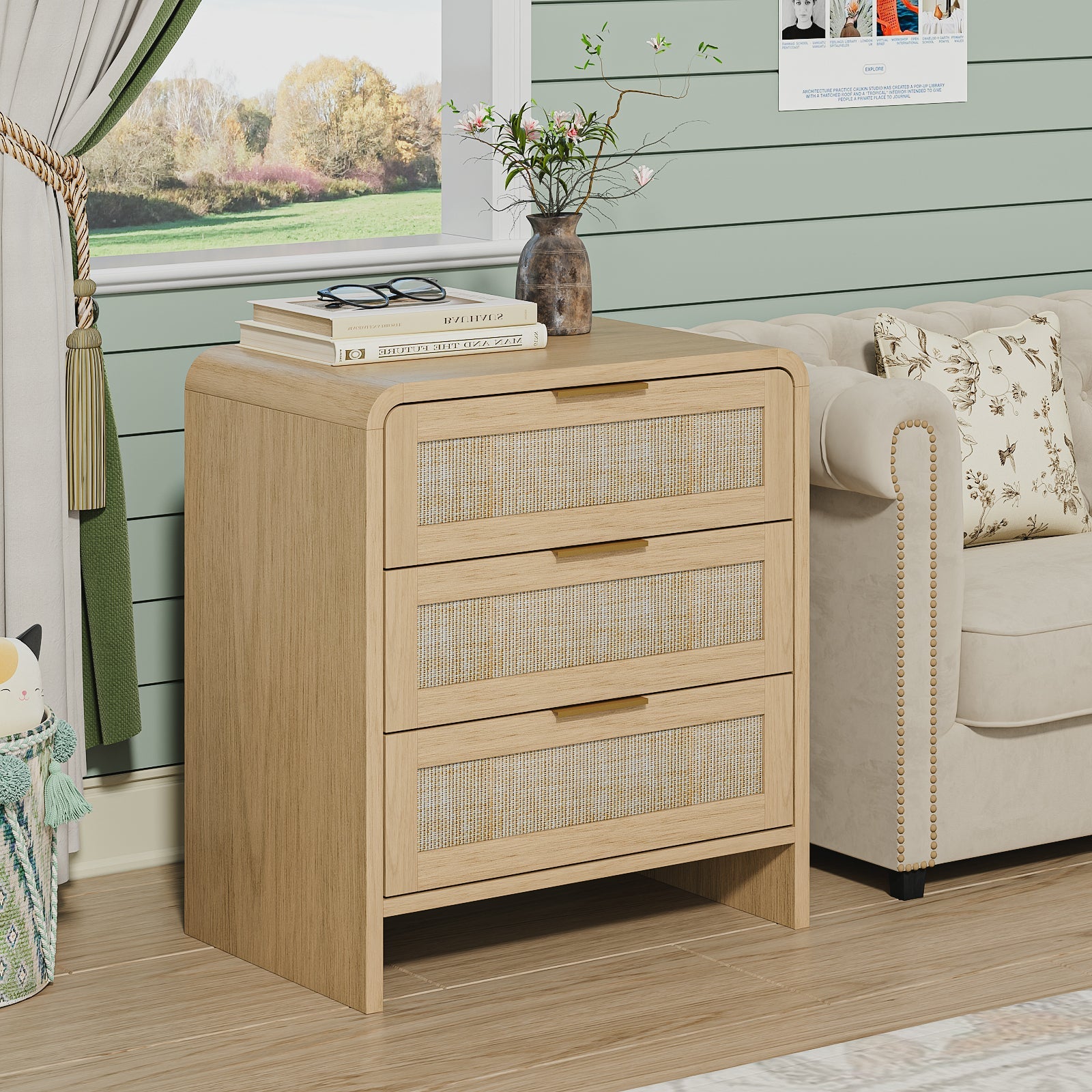 Rattan 3 Drawers Nightstand set of 2, 22.8' Wide Curved Wooden Bedside Table, Modern Storage for Bedroom, Natural Oak. - 1st Choice Furniture Direct