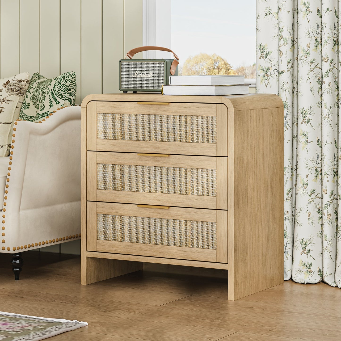Rattan 3 Drawers Nightstand set of 2, 22.8' Wide Curved Wooden Bedside Table, Modern Storage for Bedroom, Natural Oak. - 1st Choice Furniture Direct