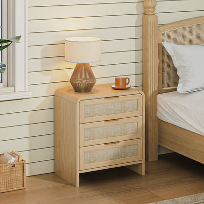 Rattan 3 Drawers Nightstand set of 2, 22.8' Wide Curved Wooden Bedside Table, Modern Storage for Bedroom, Natural Oak. - 1st Choice Furniture Direct