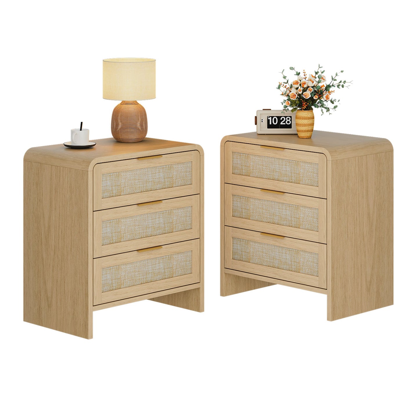 Rattan 3 Drawers Nightstand set of 2, 22.8' Wide Curved Wooden Bedside Table, Modern Storage for Bedroom, Natural Oak. - 1st Choice Furniture Direct