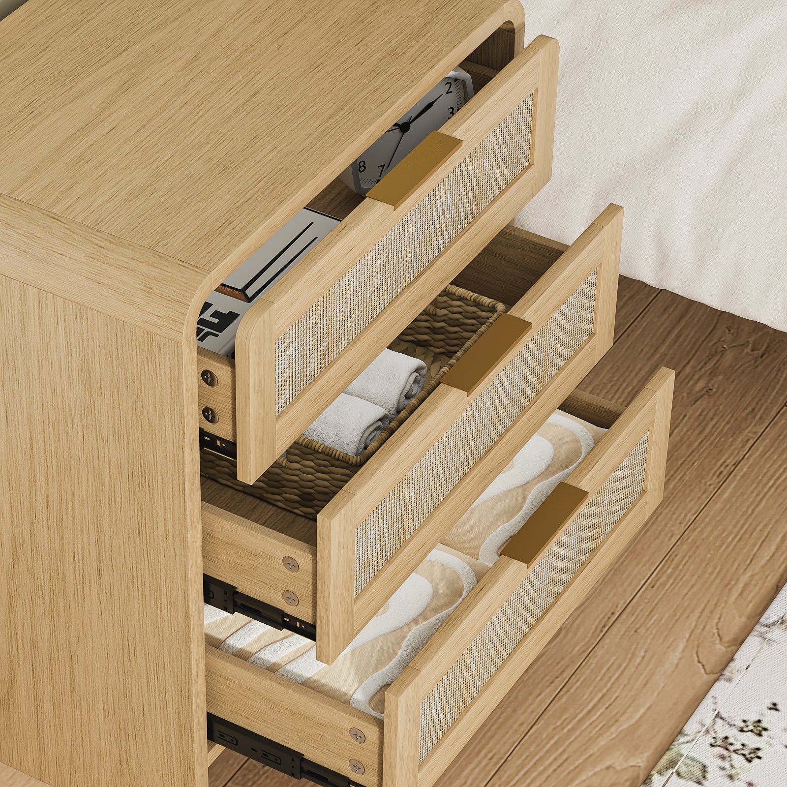 Rattan 3 Drawers Nightstand set of 2, 22.8' Wide Curved Wooden Bedside Table, Modern Storage for Bedroom, Natural Oak. - 1st Choice Furniture Direct