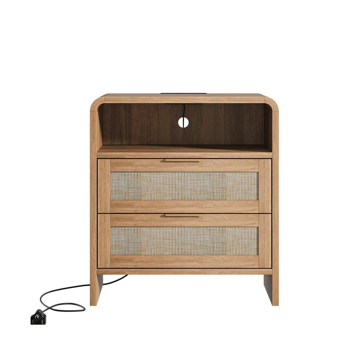 Rattan Nightstand with Charging Station, 2 Drawers & Open Shelf, 22.8' Wide Curved Wooden Bedside Table, Modern Storage for Bedroom, Caramel Oak - 1st Choice Furniture Direct