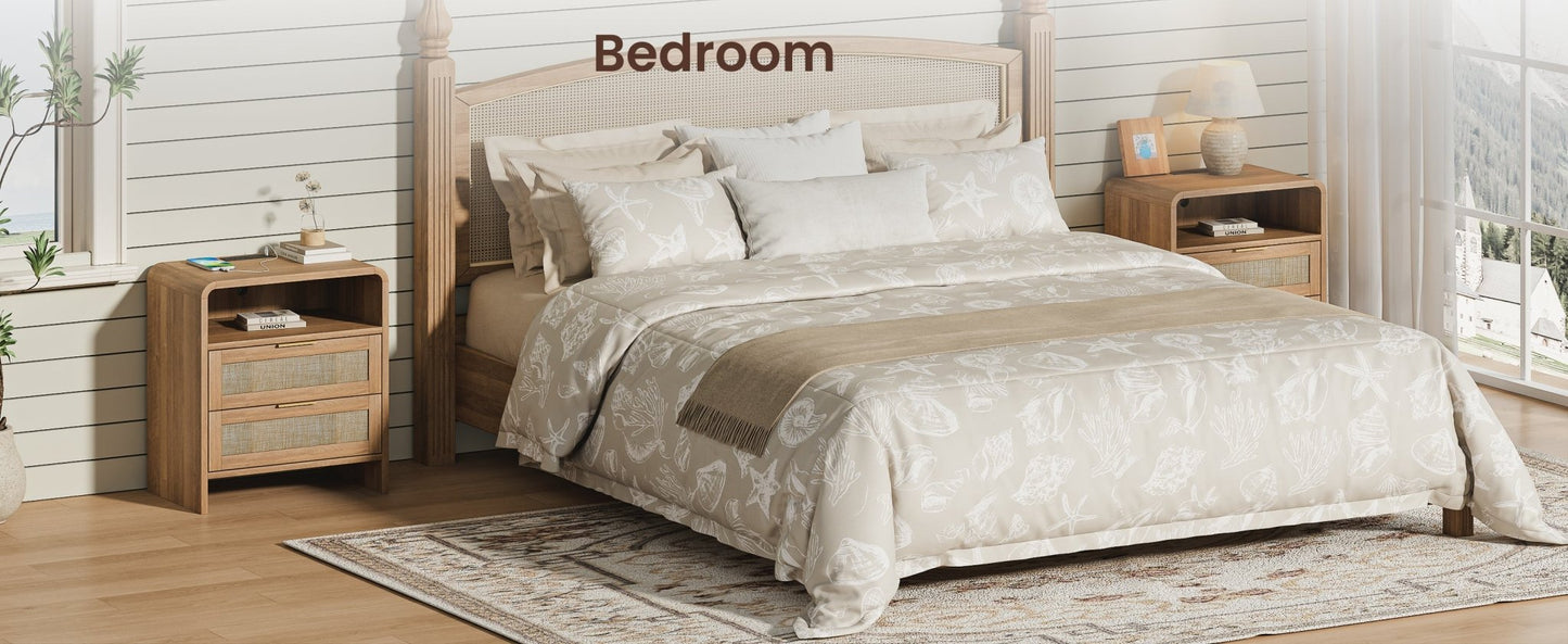 Rattan Nightstand with Charging Station, 2 Drawers & Open Shelf, 22.8' Wide Curved Wooden Bedside Table, Modern Storage for Bedroom, Caramel Oak - 1st Choice Furniture Direct