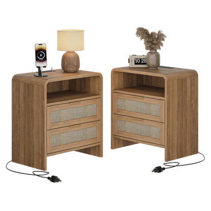 Rattan Nightstand with Charging Station, 2 Drawers & Open Shelf, 22.8' Wide Curved Wooden Bedside Table, Modern Storage for Bedroom, Caramel Oak - 1st Choice Furniture Direct